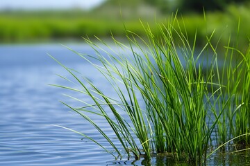 Obraz premium Close-up of vetiver grass growing in a lagoon, used for natural wastewater treatment.