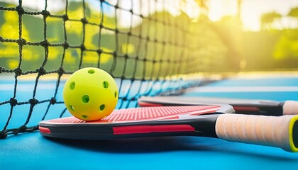 closeup of pickleball, paddle at the net of a pickleball court