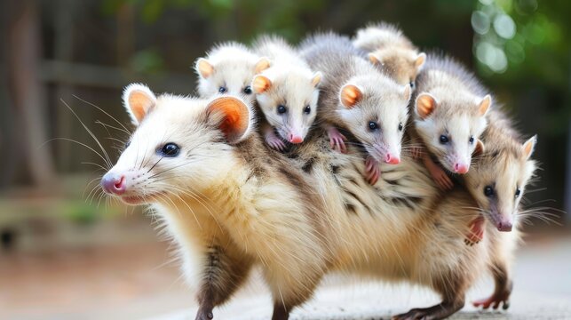 Playful mother opossum with baby opossums on her back in natural habitat, charming wildlife scene, wild animal concept, banner