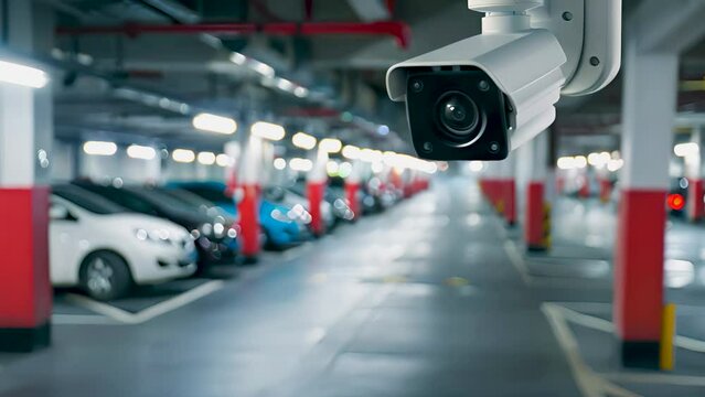 Surveillance camera monitoring cars in an underground parking garage, ensuring security and safety.