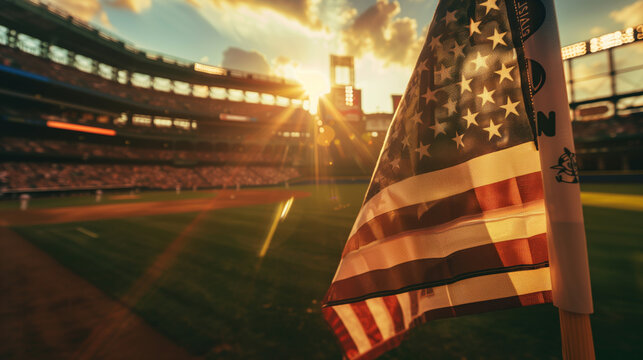 American flag blowing in the wind at a baseball game, summer day, patriotic crowd - Powered by Adobe