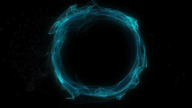Abstract blue sphere on black background. Wireframe circle structure with glowing particles. Futuristic digital illustration. 3D rendering.