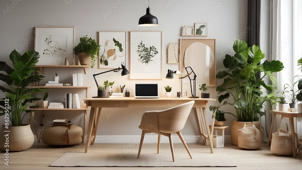 Poster create a scandinavian-style design for your home office with lots of mock-up picture frames, a woode