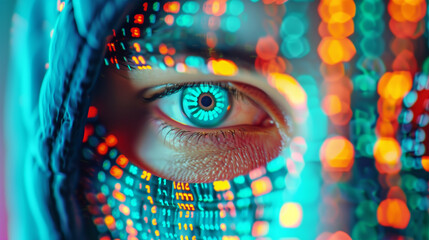 Close Up of a Hacker Eye with Code Stream Around, Background for Cyber Safety Awareness, Malware, Digital Security, Pishing, Data Protection, Identity Theft.