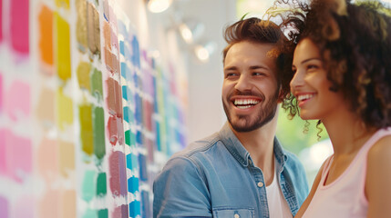 Happy Couple Choosing Paint Colors in a Home Decor Shop, Laughing Together While Looking at Sampling.