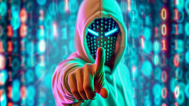 Hooded Hacker with Code Stream on Mask, Background, Cyber Safety Awareness, Digital Security, Pishing, Malware, Data Protection.
