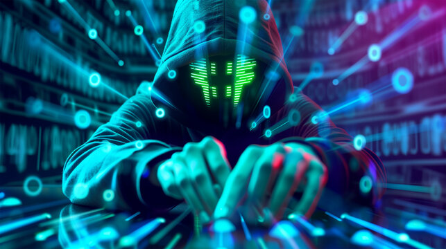 Hooded Haker with Code Stream, Background for Cyber Safety Awareness, Digital Security, Pishing, Malware, Data Protection.