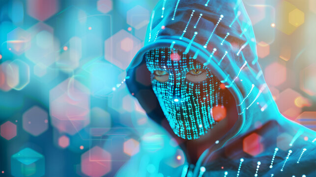 Hooded Hacker with Code Stream, Background for Cyber Safety Awareness, Digital Security, Pishing, Malware, Data Protection.