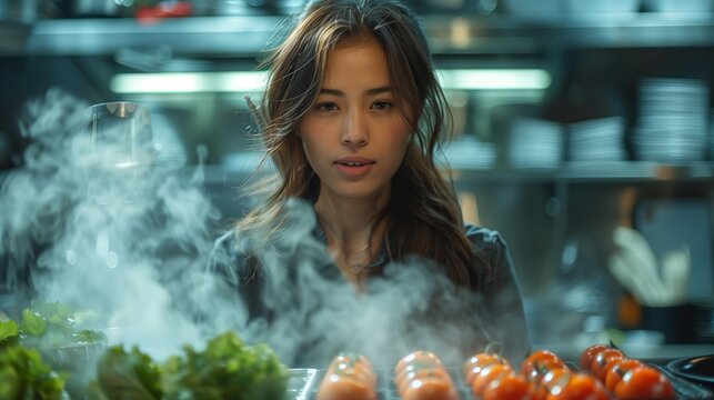 Woman Chef Preparing Food in Restaurant Kitchen With Steam