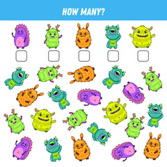 Obraz premium How many cartoon monsters are there. Count the number of funny monsters. Math worksheet for kids. Vector illustration 