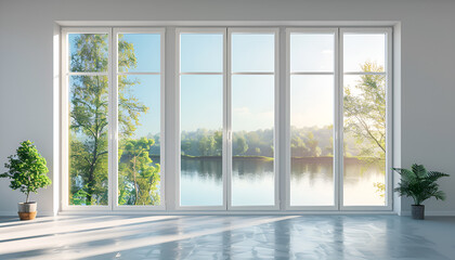 Fototapeta premium new plastic pvc window with white metal frame installed at modern house, view of blurred green trees. advertising concepts
