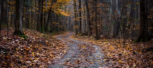 Winding forest trail in autumn with leaves of gold and red blanketing the path and the trees overhead
