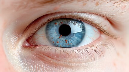 Fototapeta premium A close-up of the blue eye, showing clear vision and focus in high resolution. The person's skin is smooth with visible pores around their eyes, indicating dryness or wheat-like skin texture