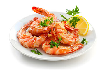 Delicious shrimps on white plate isolated on white background