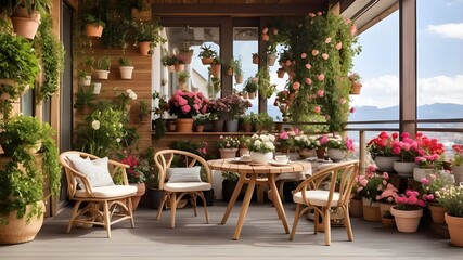 Gorgeous balcony with lots of potted flowers, a wooden table, and cozy chairs. Artificial Intelligence
