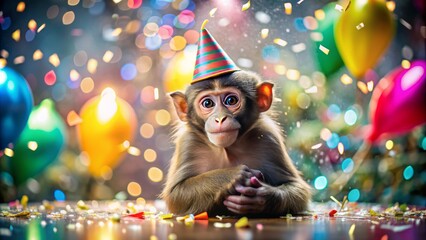 Adorable monkey in party hat celebrates amidst bokeh lights, confetti, and paper shoots, surrounded by festive decorations, conveying joy and happiness in this glossy lifestyle image.