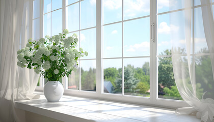 Fototapeta premium new plastic pvc window with white metal frame installed at modern house, view of blurred green trees. advertising concepts