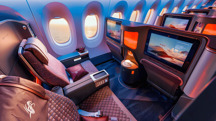 Business class airplane with lie-flat seats and large screens