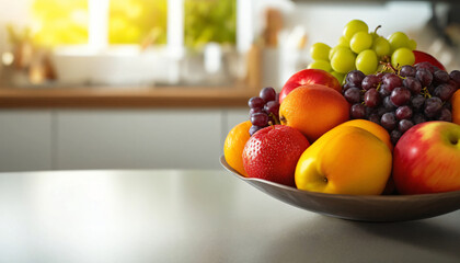 A side-angle close-up of a fruit bowl in a kitchen, against a diffuse background, with empty space on the left for text.