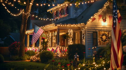 Fototapeta premium House decorated with American flags, bunting, and patriotic lights, decorations, house, Independence Day, flags, bunting, lights, patriotic, festive