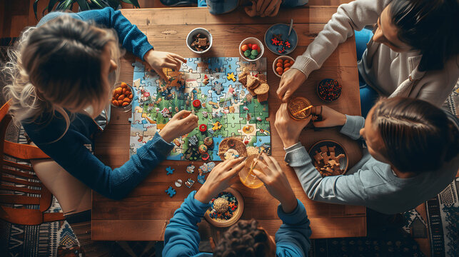 Family game night with snacks, drinks, and jigsaw puzzle