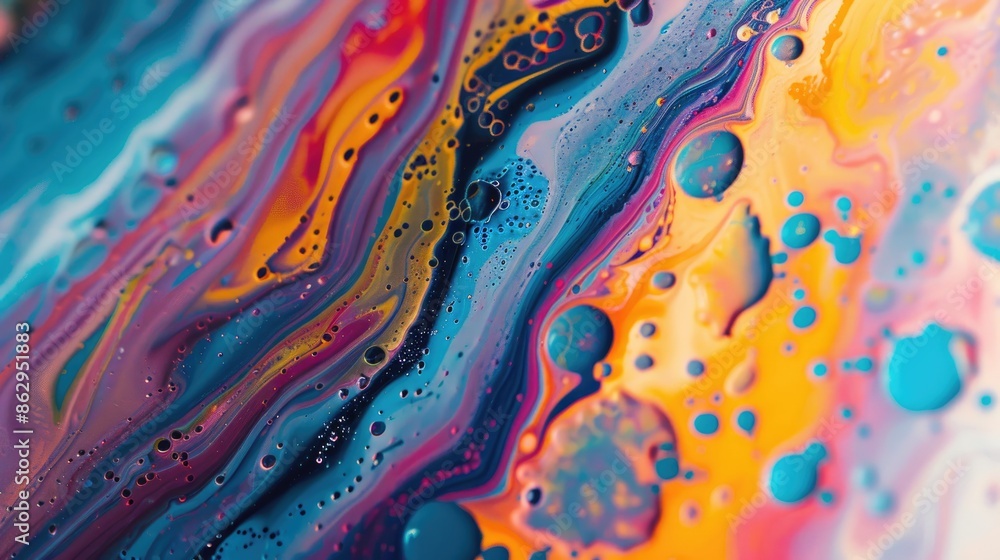Poster abstract close up macro shot of multicolored acrylic paint texture with selective focus