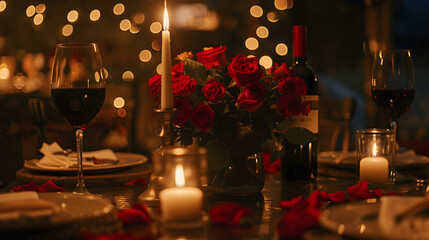 Intimate candlelight dinner with roses, wine, and candles