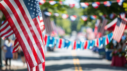 Street lined with American flags and Independence Day banners, decorations, street, Independence Day, flags, banners, patriotic, festive, celebration