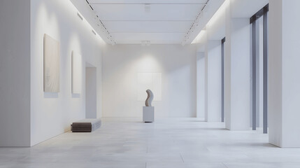 Minimalistic art gallery with white walls and sculpture centerpiece