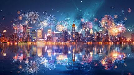Fototapeta premium Fireworks bursting over a city skyline, reflecting on the water below, fireworks, city skyline, Independence Day, night sky, reflection, celebration, festive, patriotic