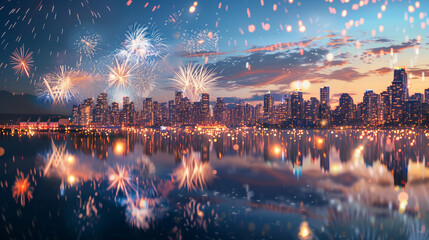 Fototapeta premium Fireworks bursting over a city skyline, reflecting on the water below, fireworks, city skyline, Independence Day, night sky, reflection, celebration, festive, patriotic