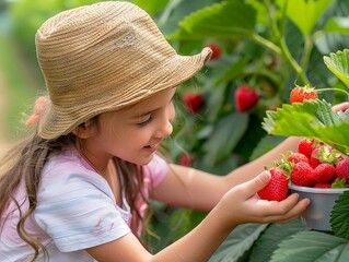 Families picking strawberries and other fruits at a local farm, enjoying the harvest and fresh flavors of summer. 
