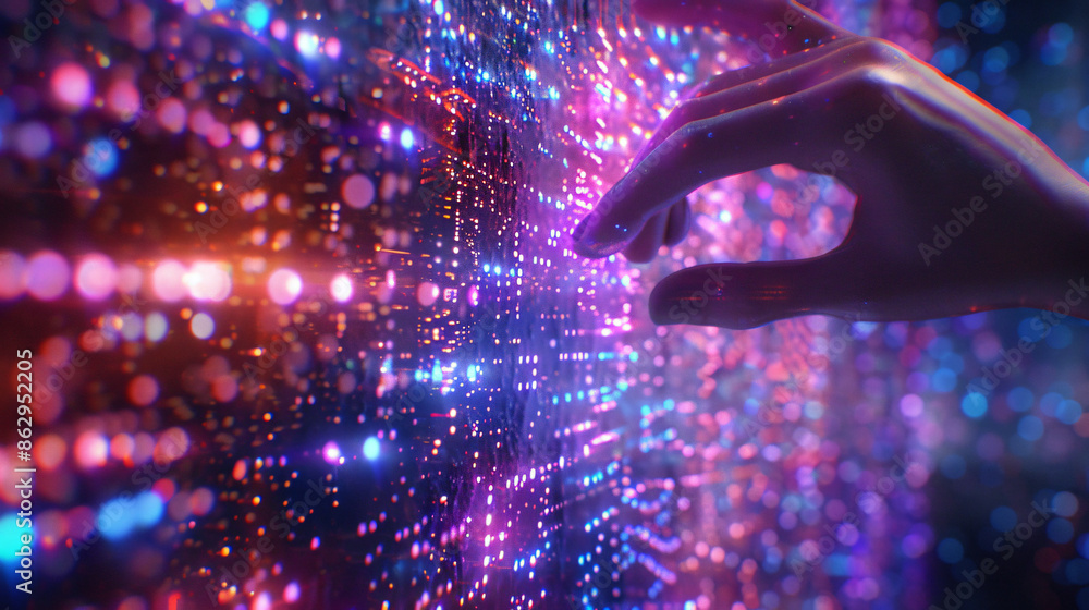 Poster interacting with a futuristic illuminated data wall visualization