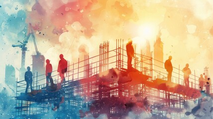 Silhouetted construction workers on a building site at sunset, vibrant watercolor effect, symbolizing urban development and teamwork.