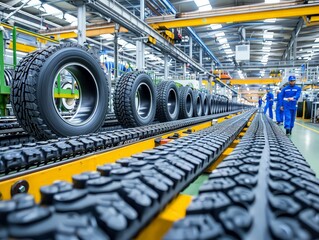  busy factory floor with multiple workers and machines in action, depicting the hustle and efficiency of rubber production.