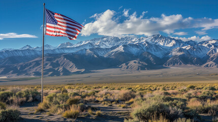 American flag fluttering in a national park with mountains in the background, American flag, national park, mountains, outdoor, Independence Day, patriotic, scenic, nature, USA