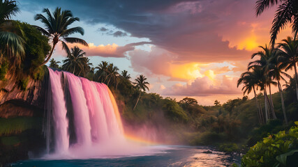 A vividly rainbow colorful sunset, with its hues of gold and orange and pink, casting a warm glow over a cloudy, blue, pink sky, dotted with softly yellow and gently contrasting