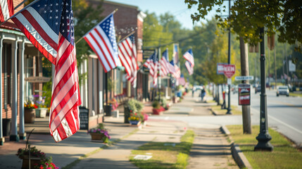 Row of American flags along a main street in a small town, American flag, main street, small town, outdoor, Independence Day, patriotic, community, festive, USA