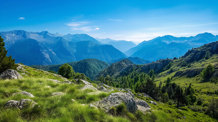 Obraz premium A scenic mountain hike with a clear blue sky, summer, hiking, hd, adventurous with copy space
