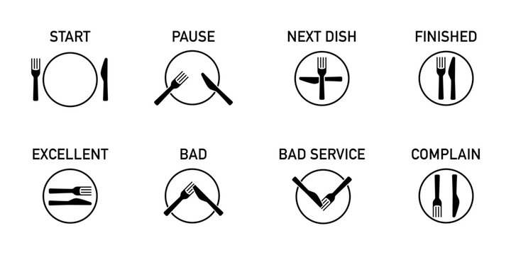 Dining etiquette icon set. Eating rules symbols. Restaurant Etiquette illustration. Table manners scheme. Cutlery signs.