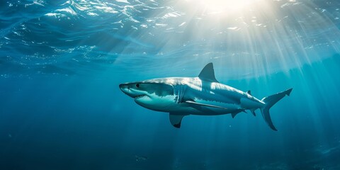 Fototapeta premium A great white shark swimming in the deep blue ocean.