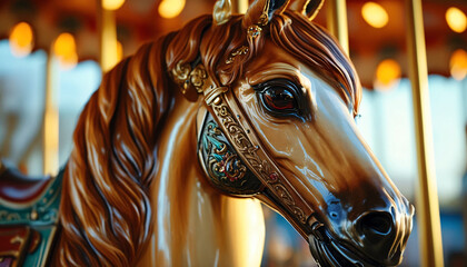 a foreground close-up, head of a carousel horse, against a diffuse background.