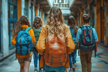 Rear view of happy pupils walking at corridor in school, back to school concept