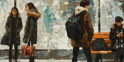 Fototapeta premium Oil painting of a city street with blurred background, three people waiting at a bus stop.