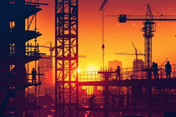 Obraz premium Construction team silhouettes setting up numbers for new year 2025 at large site with cranes
