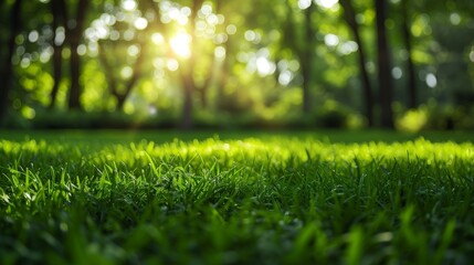 Naklejka premium Green Grass Blades with Sun Shining Through Trees.
