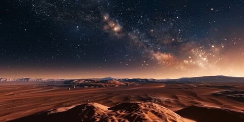 Obraz premium The image shows a beautiful landscape of another planet with a starry sky and a bright moon.