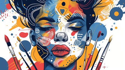 The image is a colorful portrait of a woman with paintbrushes around her head