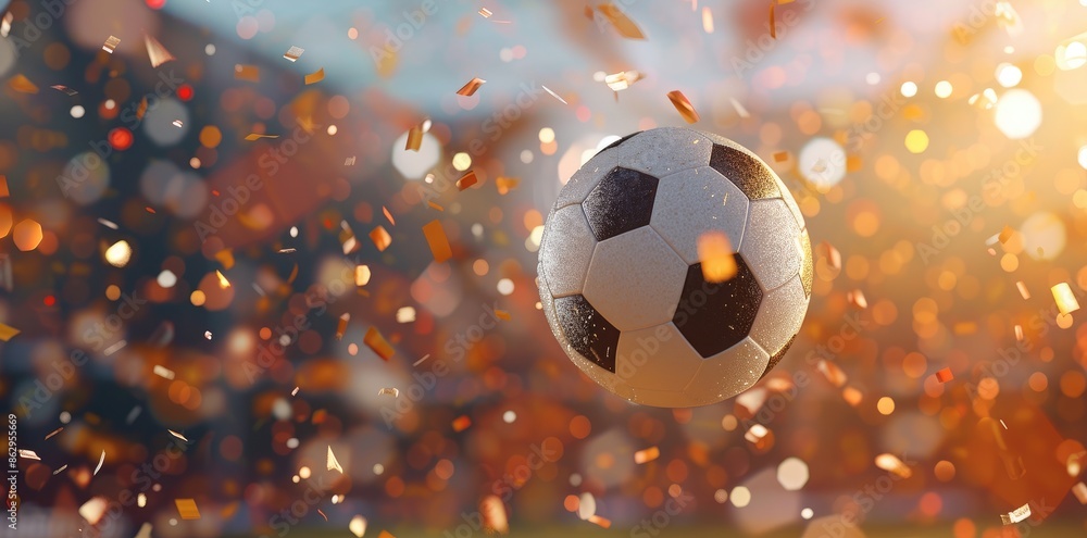 Poster soccer football ball amidst colorful confetti celebration - championship 2024 sport win, triumph, wi