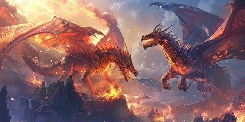 Two dragons fighting in a fiery battle, with one breathing fire at the other.